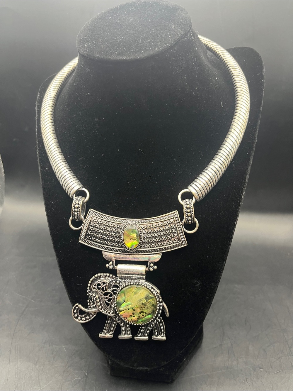 Silver-tone Elephant Pendant Necklace with Green Opalescent Accents